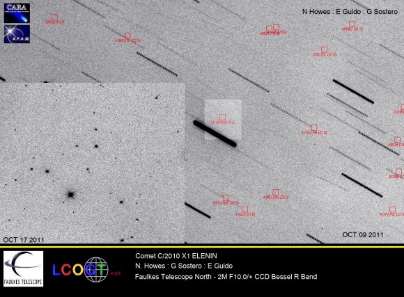 Image taken with the 2m Faulkes North Telescope of the region of sky where Comet Elenin should have been. Field of view 10 arc minutes across. Stack of up to 13 Bessel R band filtered images (20s). Limiting Magnitude 20.5 Image: (c) Nick Howes, Ernesto Guido, Giovanni Sostero/LCOGT/Faulkes Telescope Project. Used by permission
