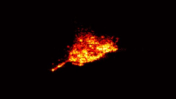 A few days before re-entering Earth's atmosphere, the German X-ray research satellite ROSAT was targeted by the Tracking and Imaging RAdar (TIRA) at the Fraunhofer Institute for High Frequency Physics and Radar Techniques in Wachtberg, near Bonn, Germany. TIRA is part of a global network of monitoring stations that collected data about ROSAT. From this data, the orbit was determined and images were produced. This example, acquired on 20 October 2011, clearly shows the antenna mast of the satellite. Credit: Fraunhofer FHR.