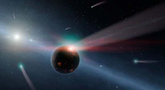 This artist's conception illustrates a storm of comets around a star near our own, called Eta Corvi. Evidence for this barrage comes from NASA's Spitzer Space Telescope, whose infrared detectors picked up indications that one or more comets was recently torn to shreds after colliding with a rocky body. Image credit: NASA/JPL-Caltech
