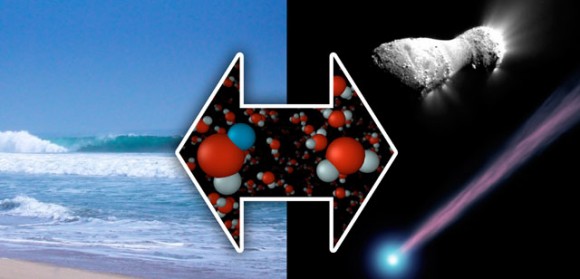 New measurements from the Herschel Space Observatory have discovered water with the same chemical signature as our oceans in a comet called Hartley 2 (pictured at right). Image credit: NASA/JPL-Caltech