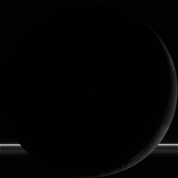 A closeup view of Enceladus with Saturn's rings in the background. This raw image was taken on Oct. 1, 2011. Credit: NASA/JPL/Space Science Institute