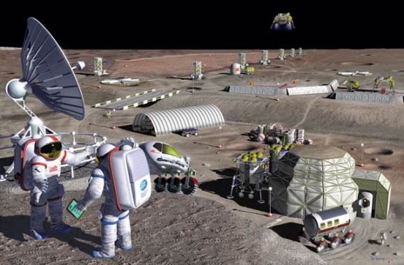 A lunar mining facility harvests oxygen from the resource-rich volcanic soil of the eastern Mare Serenitatis.Credit: NASA/Pat Rawlings.