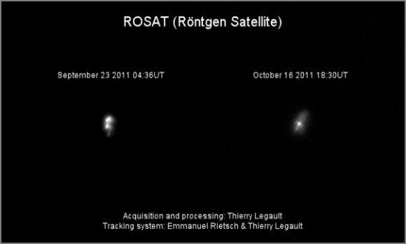 Compare the view of the ROSAT satellite, as seen from Earth on September 23 and October 16, 2011. Credit: Thierry Legault. Used by permission.
