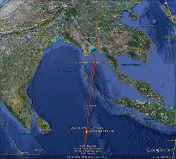 Map posted by ROSAT_Reentry Twitter feed, which indicated locations on re-entry path, +/- 7 mins. Still ambiguity between 01:50 and 01:51 locations.