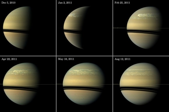 This series of images from NASA's Cassini spacecraft shows the development of the largest storm seen on the planet since 1990. Credit: NASA/JPL-Caltech/Space Science Institute