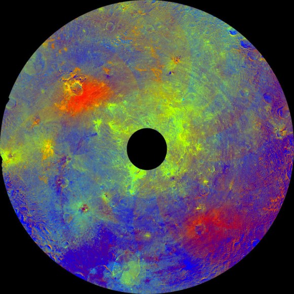 'Rainbow-Colored Palette' of Southern Hemisphere of Asteroid Vesta from NASA Dawn Orbiter. This mosaic using color data obtained by the framing camera aboard NASA's Dawn spacecraft shows Vesta's southern hemisphere in false color, centered on the Rheasilvia impact basin, about 290 miles (467 kilometers) in diameter with a central mound reaching about 14 miles (23 kilometers) high. The black hole in the middle is data that have been omitted due to the angle between the sun, Vesta and the spacecraft. The green areas suggest the presence of the iron-rich mineral pyroxene or large-sized particles. This mosaic was assembled using images obtained during Dawn's approach to Vesta, at a resolution of 480 meters per pixel. The German Aerospace Center and the Max Planck Institute for Solar System Research provided the Framing Camera instrument and funding as international partners on the mission team. Credit: NASA/JPL-Caltech/UCLA/MPS/DLR/IDA