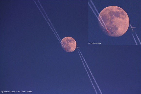 dual moon flights Two aircraft cross over the waxing gibbous Moon on January 6, 2012. Credit: John Chumack