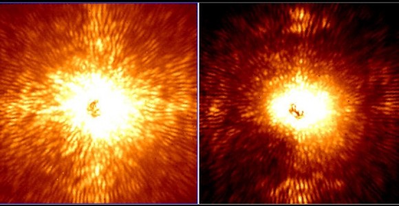 These two images show HD 157728, a nearby star 1.5 times larger than the sun. The star is centered in both images, and its light has been mostly removed by an adaptive optics system and coronagraph belonging to Project 1640, which uses new technology on the Palomar Observatory’s 200-inch Hale telescope near San Diego, Calif., to spot planets. Credit: Project 1640
