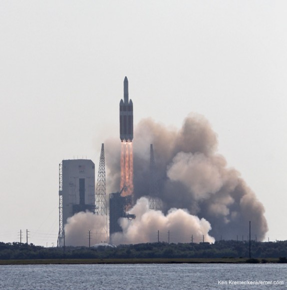 Delta 4 Heavy rocket and super secret US spy satellite roar off Pad 37 on June 29, 2012 from Cape Canaveral, Florida. Credit: Ken Kremer- kenkremer.com