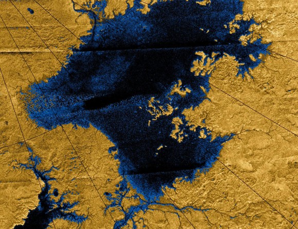 Images from the Cassini mission show river networks draining into lakes in Titans north polar region. Credit: NASA/JPL/USGS.