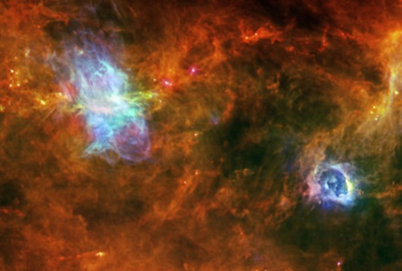 The Vela-C molecular cloud region as observed in far-infrared wavelengths. Credit: ESA/PACS/SPIRE/Tracey Hill & Frédérique Motte, Laboratoire AIM Paris-Saclay, CEA/Irfu - CNRS/INSU - Univ. Paris Diderot, France
