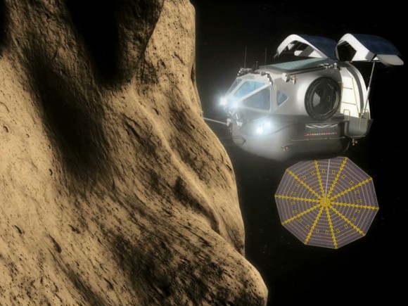 An artist's conception of a space exploration vehicle approaching an asteroid. Credit: NASA