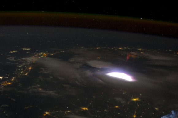 Air glow (along with a lightning sprite) is visible in this image from the International Space Station. Credit: NASA