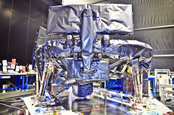 Fully-integrated-Gaia-payload-module-with-nearly-all-of-the-multilayer-insulation-fabric-installed.-Credit-Astrium-SAS