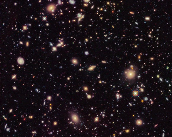 This image shows the Hubble Ultra Deep Field 2012, an improved version of the Hubble Ultra Deep Field image featuring additional observation time. The new data have revealed for the first time a population of distant galaxies at redshifts between 9 and 12, including the most distant object observed to date. These galaxies will require confirmation using spectroscopy by the forthcoming NASA/ESA/CSA James Webb Space Telescope before they are considered to be fully confirmed.