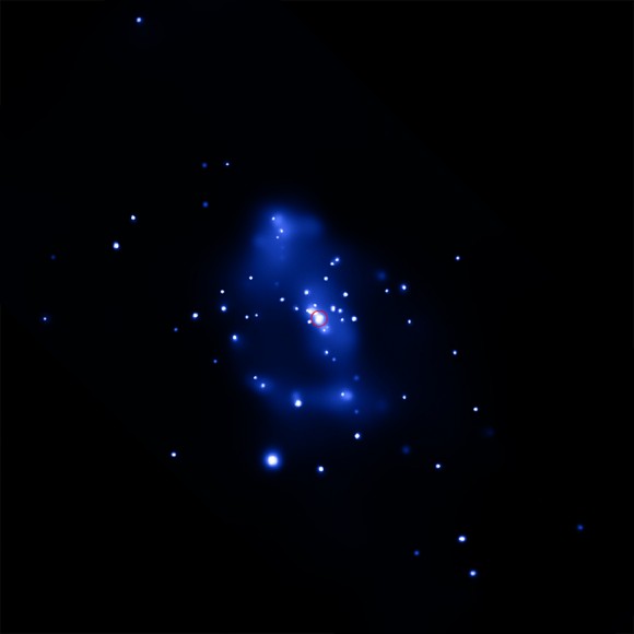 This composite image shows the spiral galaxy NGC 3627, located about 30 million light years from Earth.