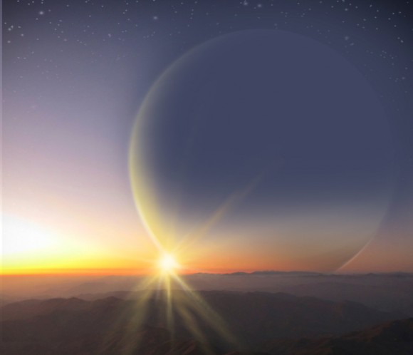 Artistic rendition of a sunset view<br />
from the perspective of an imagined Earth-like moon orbiting the giant planet, PH2 b. Image Credit: H. Giguere, M. Giguere/Yale University