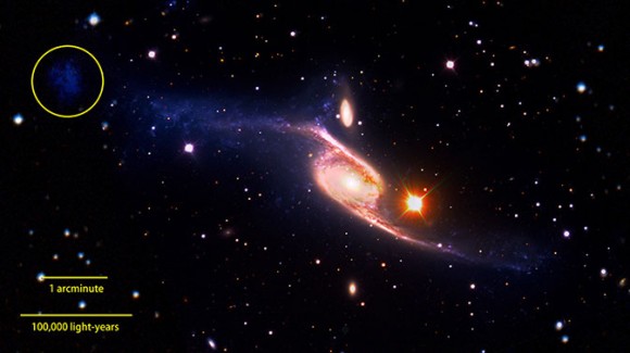 This composite of the giant barred spiral galaxy NGC 6872 combines visible light images from the European Southern Observatory's Very Large Telescope with far-ultraviolet (1,528 angstroms) data from NASA's GALEX and 3.6-micron infrared data acquired by NASA's Spitzer Space Telescope. Credit: NASA's Goddard Space Flight Center/ESO/JPL-Caltech/DSS