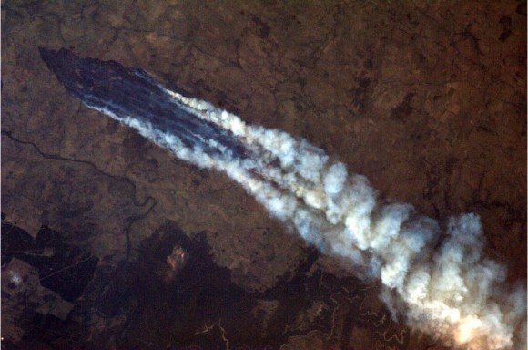 Lines of scorched earth and huge smoke plumes from wild fires in Australia were visible from the International Space Station on January 8, 2013. Credit: NASA/Chris Hadfield