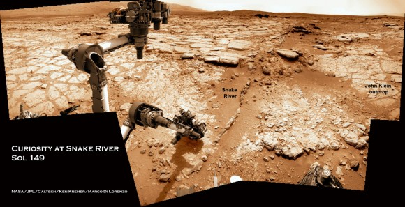 Curiosity at Snake River Sol 149_5Aa_drill target_Ken Kremer