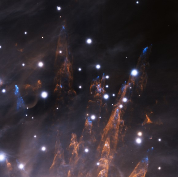This image, obtained during the late commissioning phase of the GeMS adaptive optics system, with the Gemini South AO Imager (GSAOI) on the night of December 28, 2012, reveals exquisite details in the outskirts of the Orion Nebula. Gemini Observatory/AURA