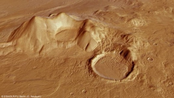 This computer-generated perspective view shows part of the Promethei Terra highlands adjacent to Reull Vallis. Credit: ESA/DLR/FU Berlin (G. Neukum)