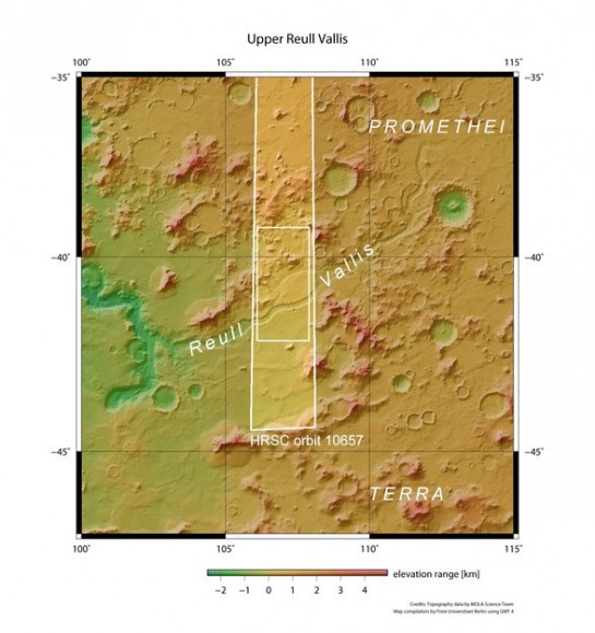 Reull Vallis in context. Credit: NASA MGS MOLA Science Team.