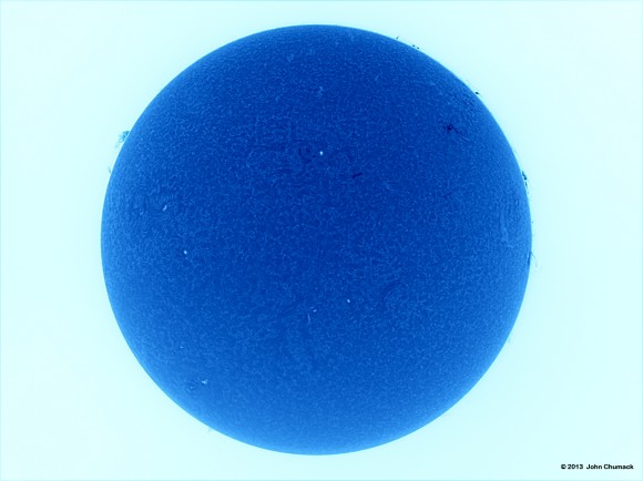 The Sun in H-Alpha on 01-07-2013, as seen with a Lunt Solar LS60Scope/LS50, and Hydrogen Alpha Solar filter. Credit: John Chumack