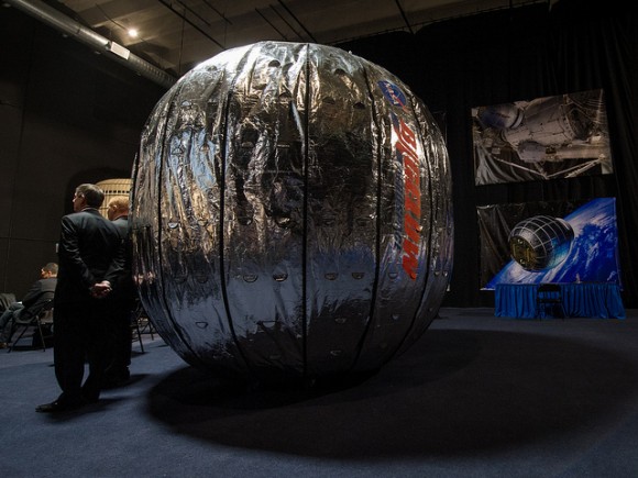 The Bigelow Expandable Activity Module (BEAM) is seen during a media briefing on January 16, 2013. Credit: NASA/Bill Ingalls