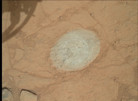 This image from the Mars Hand Lens Imager (MAHLI) on NASA's Mars rover Curiosity shows the patch of rock cleaned by the first use of the rover's Dust Removal Tool (DRT). Image Credit: NASA/JPL-Caltech/MSSS