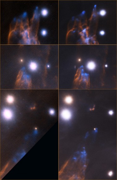Detailed views of the Orion Bullet region. In each image pair, left is the Altair 2007 image and right is the new 2012 GeMS image. Credit: Gemini Observatory/AURA<br />
