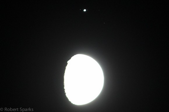 Jupiter and the Moon 1-21-13. The Moon is intentionally overexposed so you can see three moons. Ganymede on the left and Io and Callisto on the right (Europa was transiting at the time). Credit and copyright: Robert Sparks.