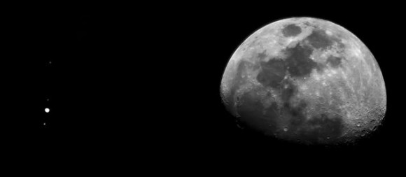 Moon and Jupiter conjunction Jan. 21, 2013. Two exposures back to back to compensate for the exposure differences. Credit and copyright: jimnista on Flickr.