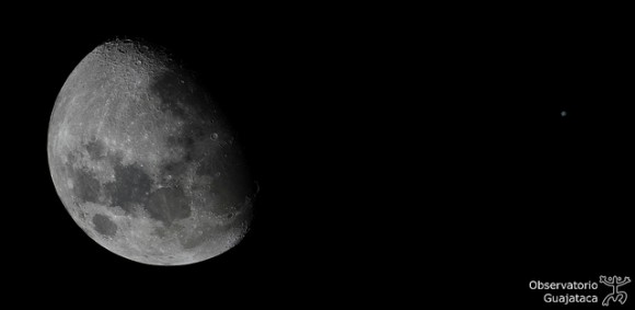 Moon & Jupiter Conjunction, January 21, 2013. Quick 2-frame collage of this remarkable conjunction between our Moon and the giant planet. This was taken with a Canon EOS Rebel T2i DSLR and a Celestron C90 Maksutov-Cassegrain telescope. Credit an copyright: Gustavo Sanchez/Observatorio Guajataca.