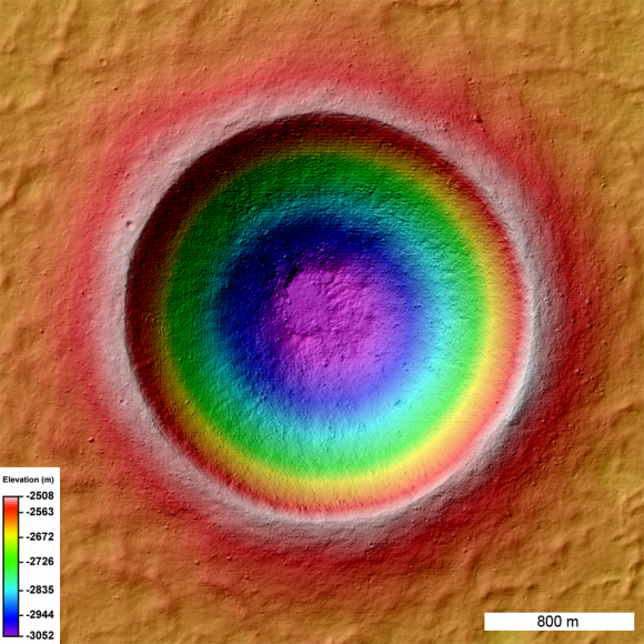 Color coded shaded relief map of Linné crater (2.2 km diameter) created from an LROC NAC stereo topographic model. The colors represent elevations; cool colors are lowest and hot colors are highest. Credit: NASA/GSFC/Arizona State University.