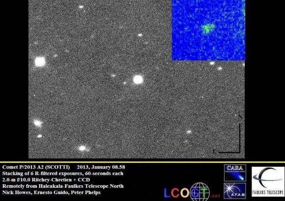 A new comet discovered on January 8, 2013 named Comet P/2013 A2 (SCOTTI) was found remotely from the Haleakala-Faulkes Telescope. Credit: Nick Howes, Ernesto Guido and Peter Phelps.
