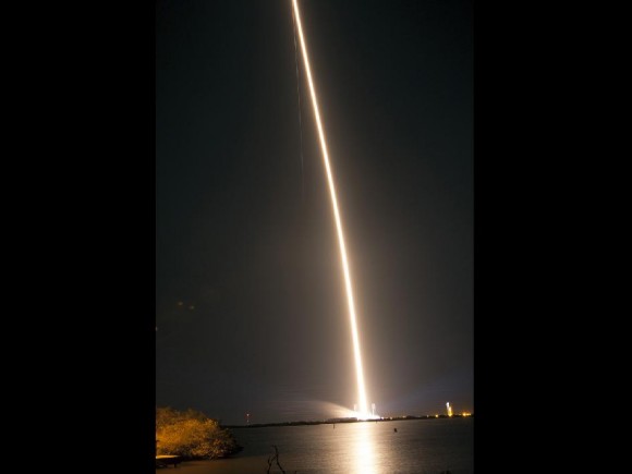 A United Launch Alliance Atlas V 401 rocket streaks away from Space Launch Complex 41 into the night sky over Cape Canaveral Air Force Station in Florida, carrying NASA's Tracking and Data Relay Satellite-K, TDRS-K, to orbit. Credit: NASA/Glenn Benson