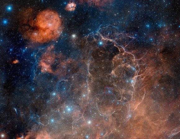 Wide field Optical and X-ray image of the supernova remnant in the Vela Pulsar region. Credit: Anglo-Australian Observatory.