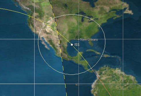 The first pass of the ISS Friday night over the southern US at dusk (6:50CST/00:50UT). Created by the author using Orbitron.