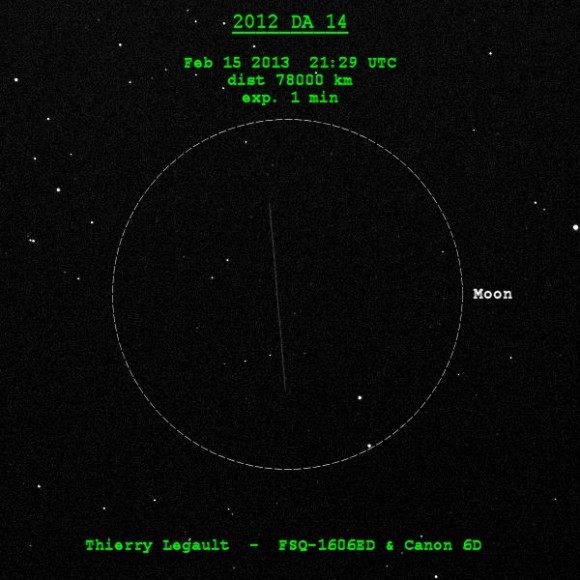 A photo of Asteroid 2012 DA 14 as seen from the suburbs of Paris on February 15, 2013. Credit and copyright: Thierry Legault.