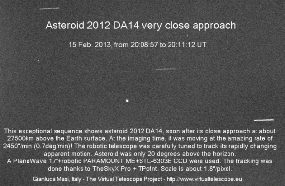 Animation of 2012 DA14 created from 17 images, each with 3 second of exposures. Credit: Gianluca Masi, Virtual Telescope Project. Click on the image to animate if it is not 'moving' in your browser