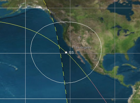 The second pass of the ISS Friday night over the southwestern US at dusk (6:20PST/2:20UT). Created by the author using Orbitron.