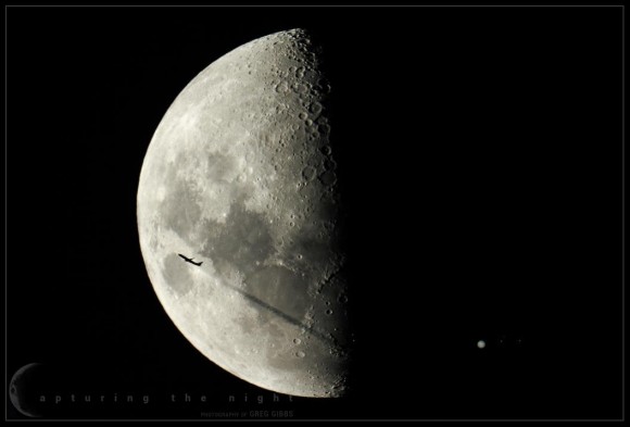 'Fly Me to the Moons' -- a view of the Moon with Jupiter and three Galilean moons, along with a passing airplane. Credit and copyright: Greg Gibbs.