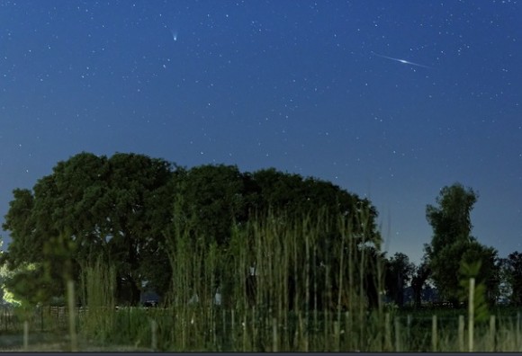 Comet PanSTARRS caught on the morning of February 12th, 2013 along with an Iridium satellite flare. (Credit Luis Argerich - Nightscape Photography. Used with permission).