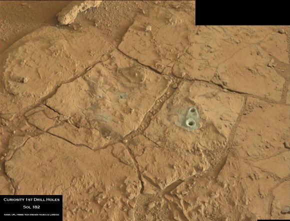 Curiosity’s Mastcam camera snapped this photo mosaic of 1st drill holes into Martian rock at John Klein outcrop inside Yellowknife Bay basin where the robot is currently working. Notice the gray powdery tailings from the rocks interior. Credit: NASA/JPL-Caltech/Ken Kremer/Marco Di Lorenzo