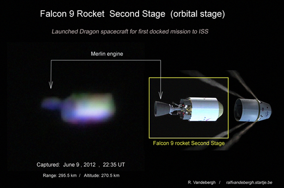 The Falcon 2nd stage booster captured by Ralf Vandebergh from the ground! (Image Courtesy of Ralf Vandebergh; used with permission).
