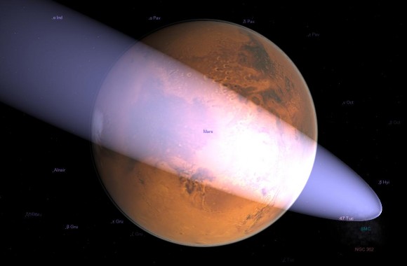 Simulation of the close approach of C/2013 A1 to Mars in Celestia using the latest info from the Minor Planet Center. Credit: Ian Musgrave/Astroblog.