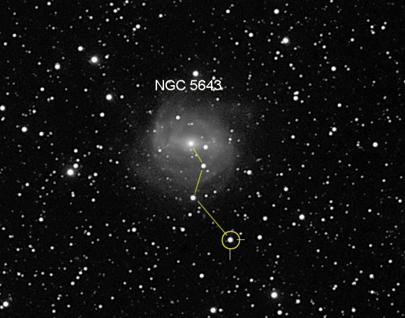 In this annotated version of the Joseph Brimacombe's photo, I've suggested a straightforward "star hop" from the galaxy's nucleus to the supernova.