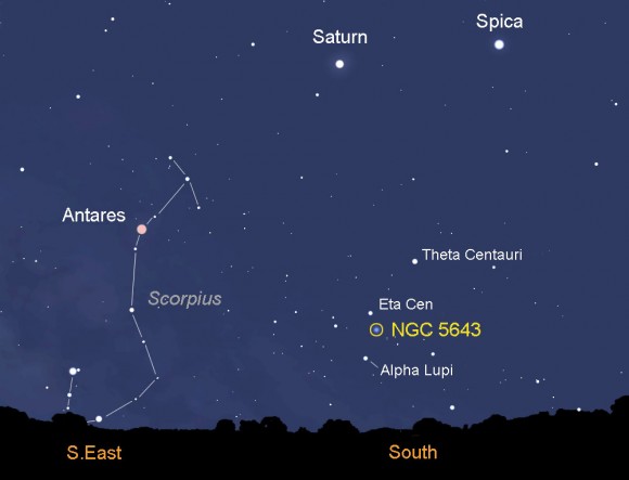Map showing the sky looking south around 5 a.m. local time from Tuscon, Arizona. The new supernova in galaxy NGC 5643 is low in the southern sky before dawn for observers in the southern U.S. and points south. Created with Stellarium