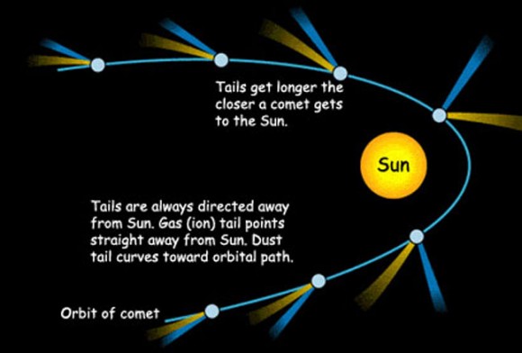 Comets often develop two tails as they near the sun - a curved dust tail and straight, ion tail. Credit: NASA
